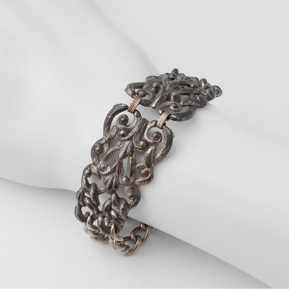 Vintage Silver Tone Panel Link Bracelet Ornate Openwork